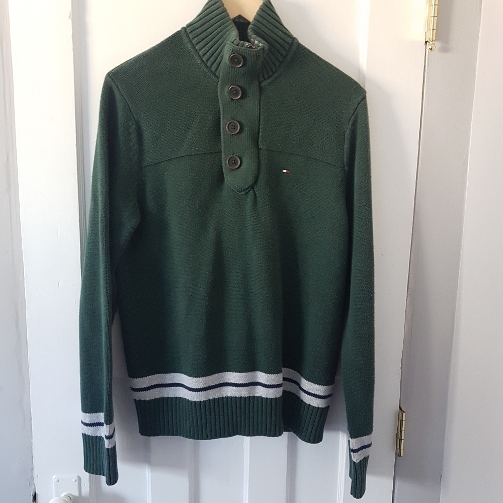 Tommy Hilfiger Half Zip 4-Button Long Sleeve Classic Fit Sweater Dark Green Sz M